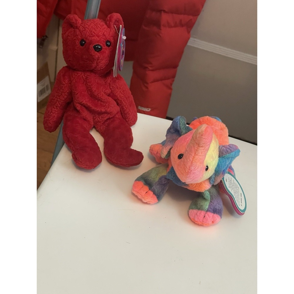 Vtg Rainbow Neon‎ Tie Dye Elephant Plush 7" Stuffed Animal And Red Bear